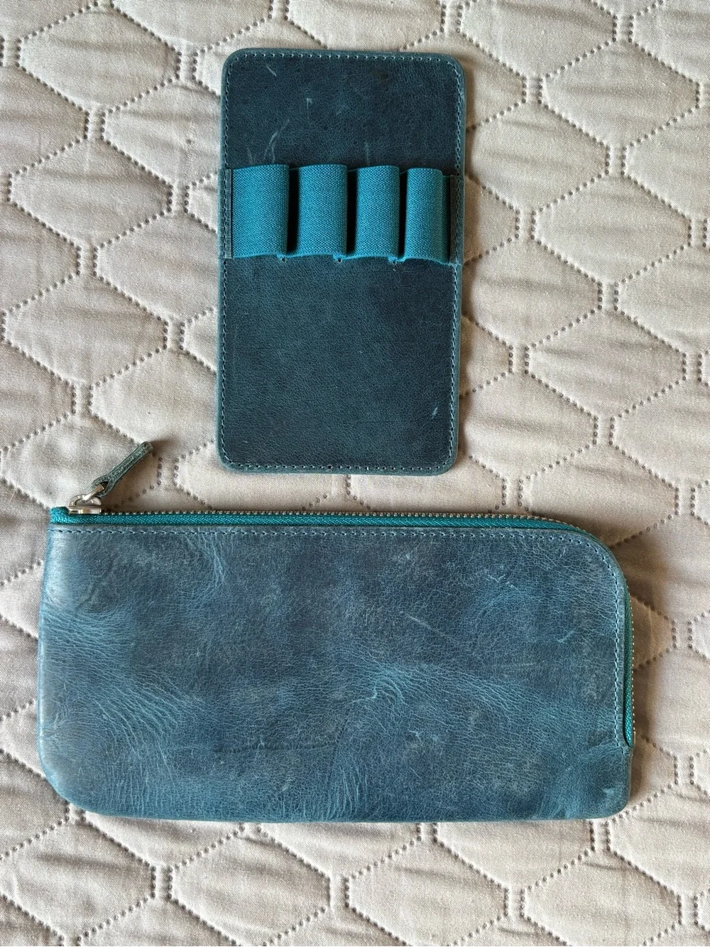 Galen Leather Ocean Blue Teal Leather Zip Wallet with Card & Pen Organizer